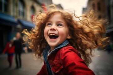 Fototapeta premium Portrait of a happy little girl in a red jacket on the street