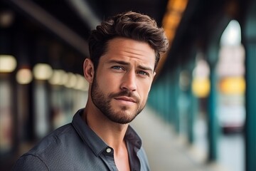 Obraz premium Portrait of a handsome young man in urban background. Men's beauty, fashion.