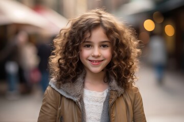 Fototapeta premium Portrait of a beautiful little girl with curly hair in the city