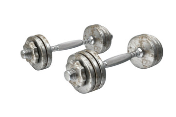Obraz premium Two metal dumbbells on a white background, perfect for fitness and workout-themed designs and projects.