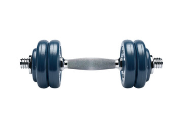 Fototapeta premium Close-up of a blue and silver dumbbell isolated on a white background. Perfect for fitness, gym, and strength training concepts.