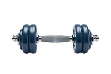 Close-up of a blue and silver dumbbell isolated on a white background. Perfect for fitness, gym, and strength training concepts.