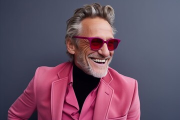 Obraz premium Portrait of a cheerful senior man in pink jacket and sunglasses.