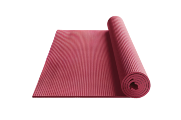 A rolled-up pink yoga mat isolated on a white background, ideal for fitness, exercise, and yoga routines at home or the gym.