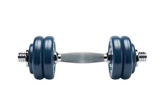 Close-up of a blue and silver dumbbell isolated on a white background. Perfect for fitness, gym, and strength training concepts.