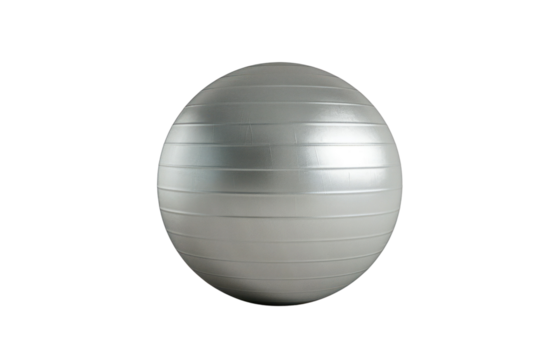 Silver exercise ball on a white background, used for physical therapy, fitness training and various workout routines. Ideal for home or gym use.