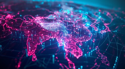 Abstract digital world map, concept of global network and connectivity on Earth, data transfer and cyber technology, information exchange and international telecommunication