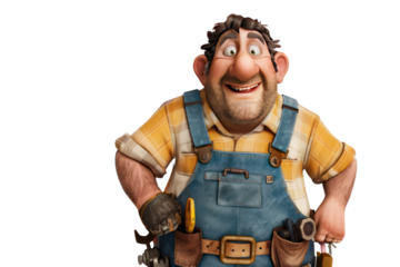 Cartoon handyman character with tools and smiling expression. Illustration of worker in overalls and plaid shirt, isolated on white background.