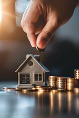 Saving money for a house. Hand putting coin into house model. Concept of real estate investment, mortgage, loan, financial planning, and property purchase.