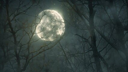 A painting of a full moon casting its light over a dense forest, creating a mystical and enchanting atmosphere, Dreamy woodland scene with a full moon peeking through bare branches of a tree