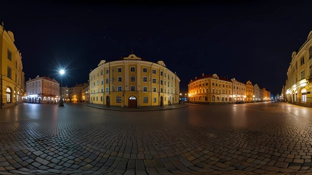 GRODNO, BELARUS - JULY 29, 2012: Night panorama in the center of the festive old european city near fountain. Full 360 by 180 degree seamless panorama in equirectangular spherical projection
