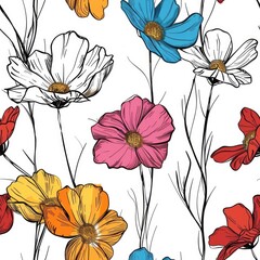 Drawing of colored flowers with black outline on white background seamless pattern