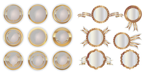 Empty luxury golden labels retro vintage collection, Celos premium, Seal quality labels gold badges. Sale and discount golden 3d medals with red ribbons, premium stamps and genuine guarantee round