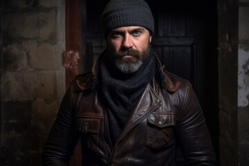 Portrait of a brutal bearded man in a leather jacket and a hat.