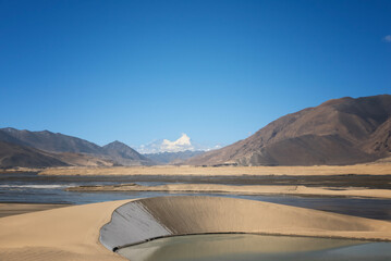 the lake, sand dune, with Brahmaputra Yarlung Zangbu River and Mt. everest and Lhotse