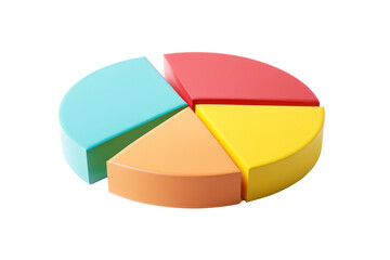 Obraz premium Colorful 3D pie chart with four segments in varying colors including blue, red, yellow, and orange, representing data and statistics.