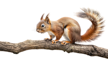 A lively squirrel perched on a tree branch, showcasing its bushy tail and alert posture against a transparent background.