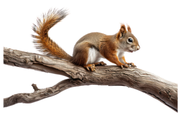 A cute squirrel perched on a tree branch, showcasing its fluffy tail and natural habitat in a close-up wildlife photograph.