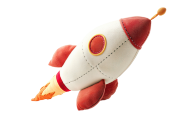 A colorful and plush toy rocket ship, designed for children's playtime, isolated on a white background.