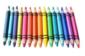 A row of colorful crayons arranged in a rainbow spectrum, perfect for art projects, education, and creative activities.