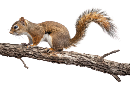 A lively squirrel with a bushy tail perched on a tree branch, showcasing its agility and natural habitat in a woodland setting.