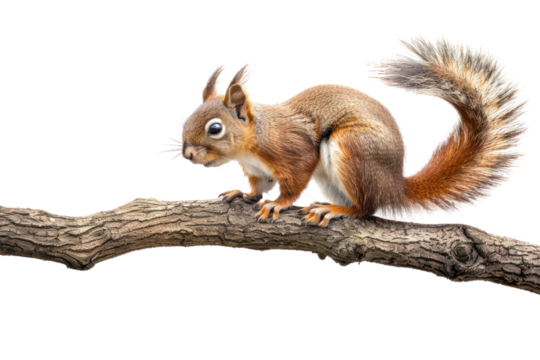 A lively squirrel perched on a tree branch, showcasing its bushy tail and alert posture against a transparent background. - Powered by Adobe