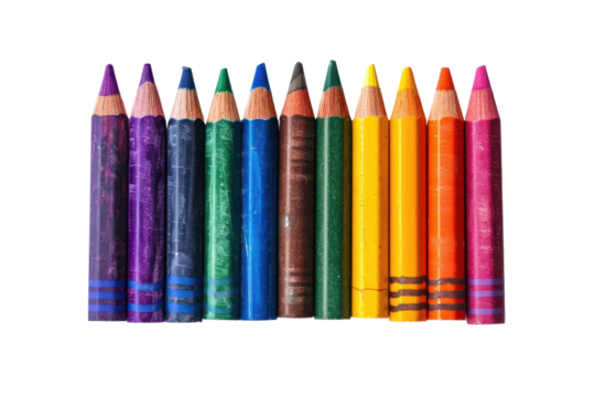 A vibrant set of colorful pencil crayons arranged in a row, showcasing various shades and hues on a white background.