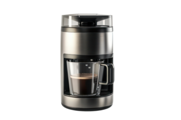 Modern stainless steel coffee machine with a glass mug filled with freshly brewed coffee. Isolated on a white background.