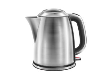 Stainless steel electric kettle isolated on white background, modern appliance for kitchen, sleek and shiny design.