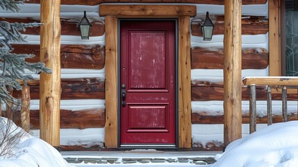 rich burgundy door with high gloss finish on a rustic log cabin, warm and welcoming, creating a cozy entrance for a snowy retreat
