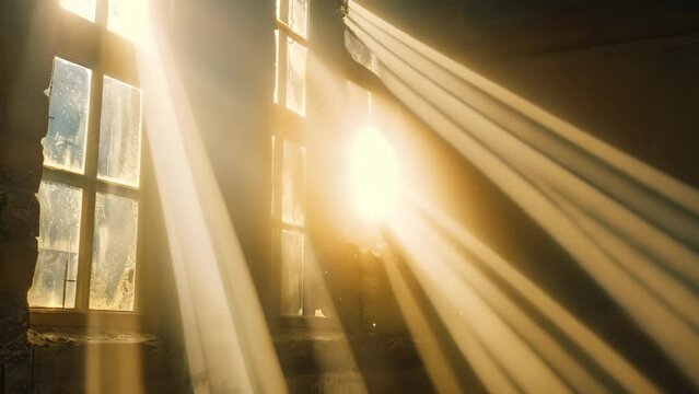 Dust motes suspended in beams of sunlight streaming through a window in an aged structure, Dust motes suspended in beams of light filtering through high windows