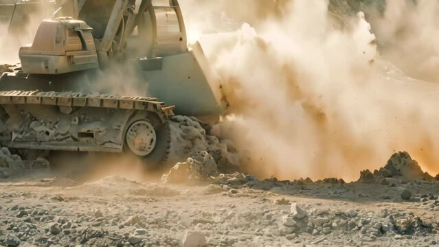 An excavator is digging in a busy quarry, creating dust as it moves materials around, Dust swirling in the air as machinery digs into the ground