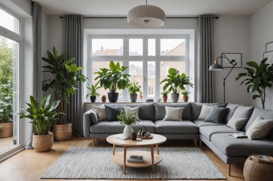 Beautiful interior of living room with cozy grey sofas, table and houseplants near window