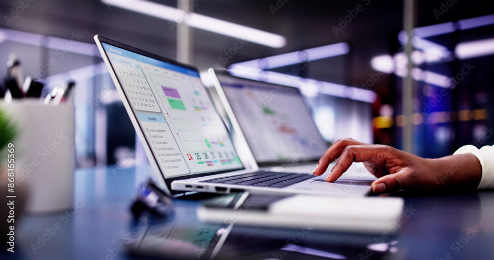 Poster managing tasks and schedules with gantt calendar on laptop screen