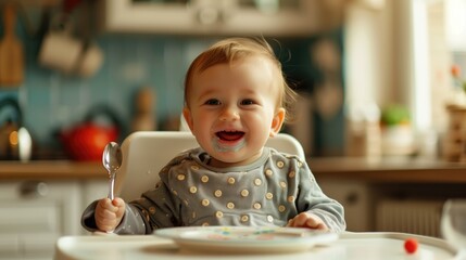 Portrait of cute baby sitting in a highchair and eating food with a spoon in his hands and smiling. The concept of complementary feedin. BLW concept