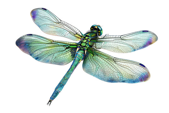 Detailed illustration of a vibrant dragonfly with delicate wings, showcasing intricate patterns and vivid colors. Perfect for nature-themed designs.