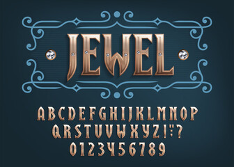 Jewel alphabet font. 3d golden letters and numbers with diamond inlays. Stock vector typeface for your design.