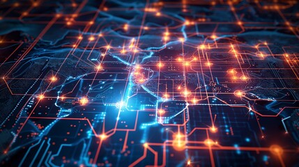 Obraz premium Abstract digital world map, concept of global network and connectivity on Earth, data transfer and cyber technology, information exchange and international telecommunication