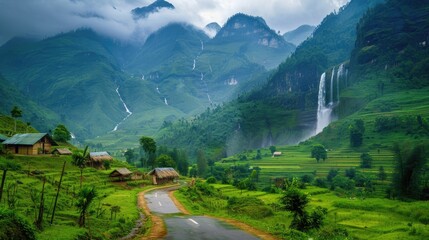 Fototapeta premium A tranquil view of vibrant green mountains, a majestic waterfall, and a picturesque road leading to rustic huts and idyllic camping points.