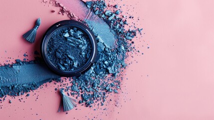Blue eyeshadow and tassels on a soft pink backdrop Beauty and cosmetics idea