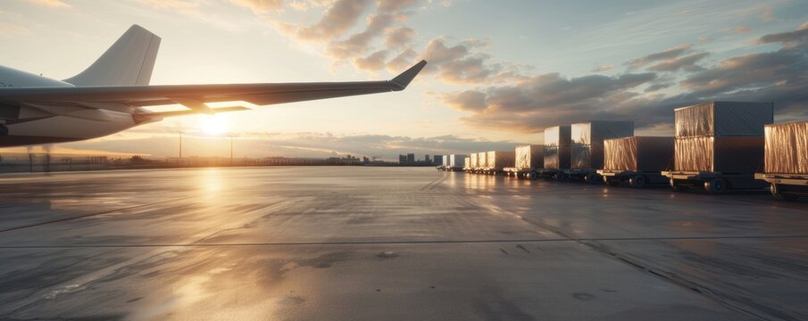 A sunset reflecting on a wet airport runway with airplane and containers, capturing the interplay of transportation industry and nature.