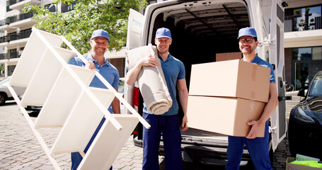 Professional movers working efficiently as they transport carpet and furniture