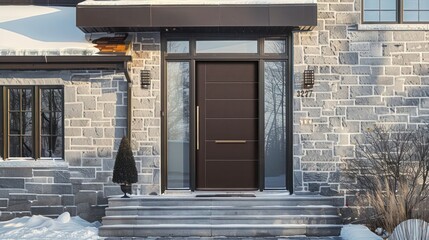 rich chocolate brown door with sleek modern lines on a grey stone house, elegant and inviting on a chilly winter day