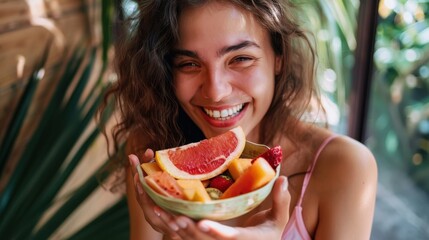 Happy woman enjoying a nutritious snack of vibrant fresh fruit slices