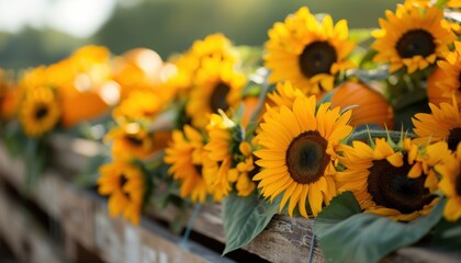 Vibrant yellow sunflowers in full bloom laid out on a rustic wooden table, blending with the soft green background, capturing a summer essence.