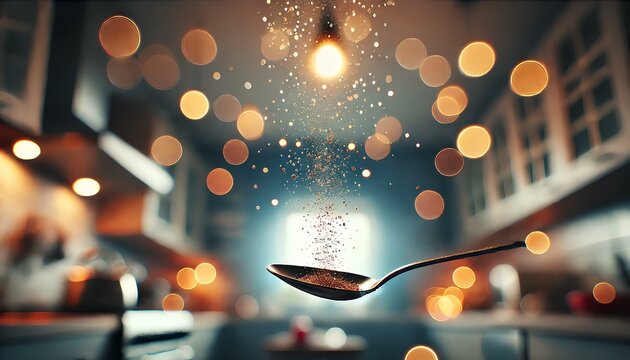A lifted teaspoon with kitchen bokeh lights in the background, photorealistic, wide aspect ratio.
