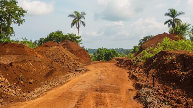 Common rural excavated laterite clay mounds for construction site entrances and exits