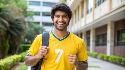 Young man in a yellow sports jersey smiling outdoors with a backpack on a college campus