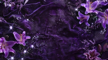 A texture of crushed midnight purple velvet with neon lily flowers and silver dust sprinkled across, with little stars shining brightly, creating a tactile and visually appealing surface.