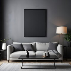 Fototapeta premium A cozy living room with a beige sofa, potted plants, and blank canvases on the wall. 3D render